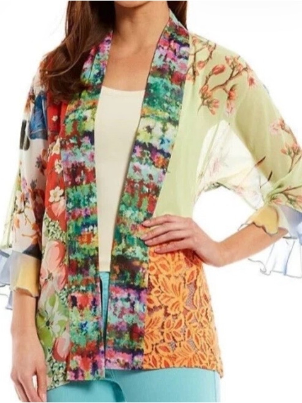 John Mark Floral Print Kimono Cardigan XL Mixed Media Long Lines Artsy Boho